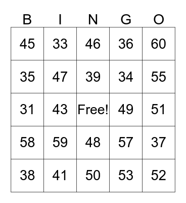 Number Bingo Card