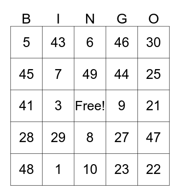 Number Bingo Card