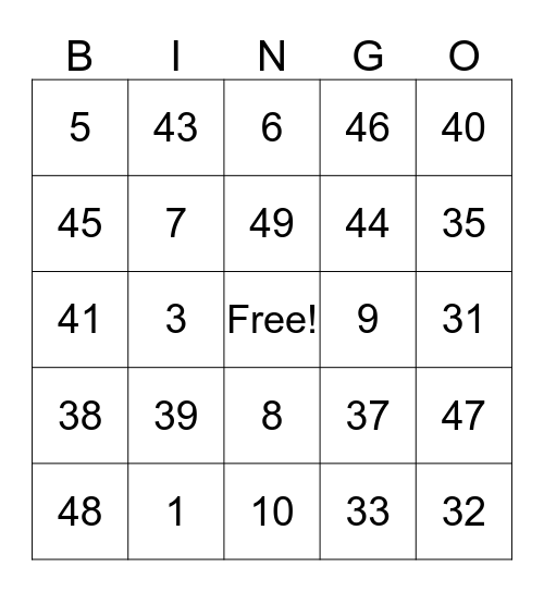 Number Bingo Card