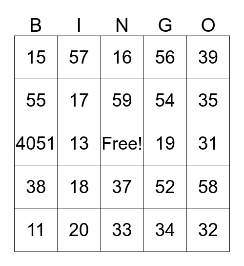 Number Bingo Card