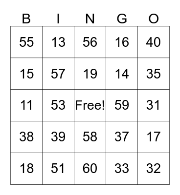 Number Bingo Card
