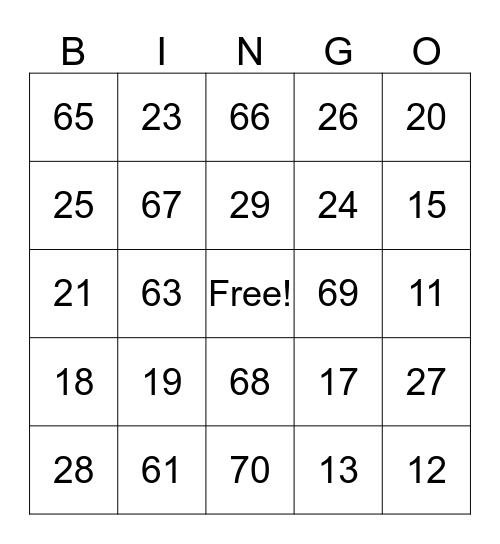 Number Bingo Card