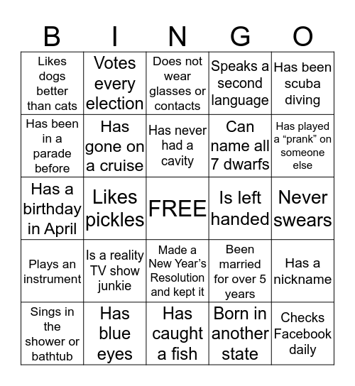 Find A Friend Bingo Card