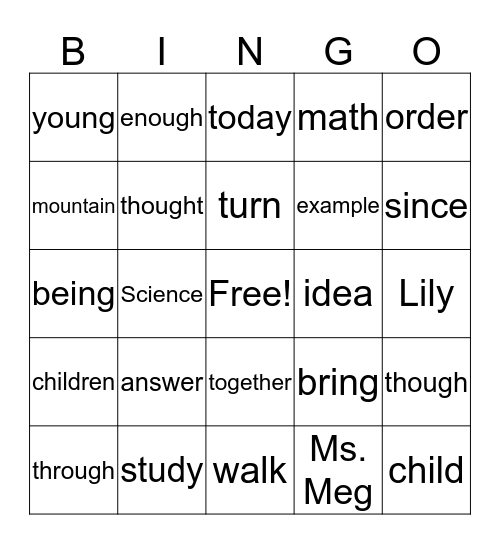 Lily's Words Bingo Card