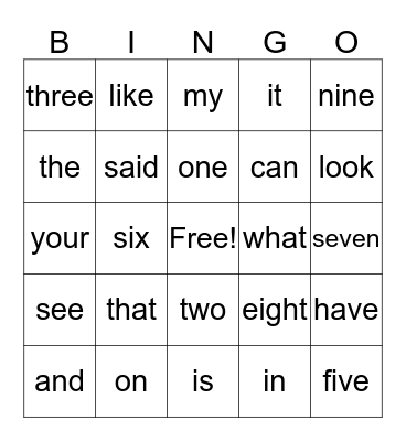 Kinder Sight Words Bingo Card