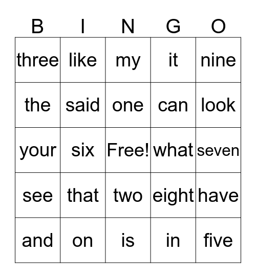 Kinder Sight Words Bingo Card
