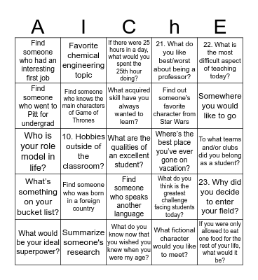 AIChE Student-Faculty Mixer Bingo Card