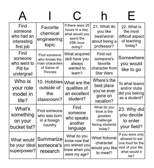 AIChE Student-Faculty Mixer Bingo Card
