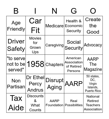 AARP 60th Anniversary Bingo Card