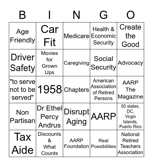 AARP 60th Anniversary Bingo Card