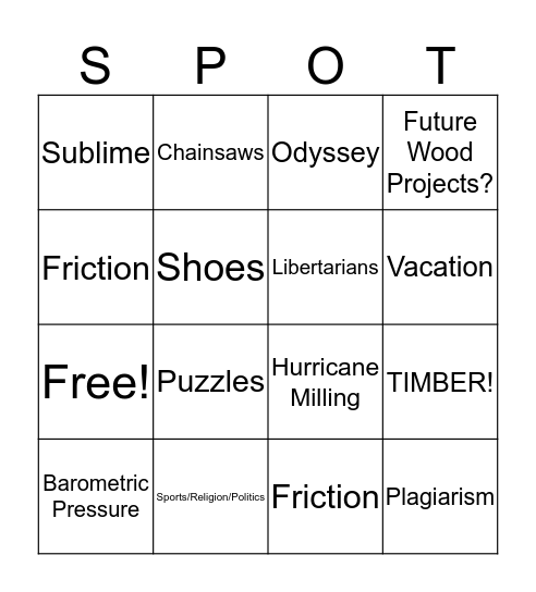 On The Spot episode 20 Bingo Card