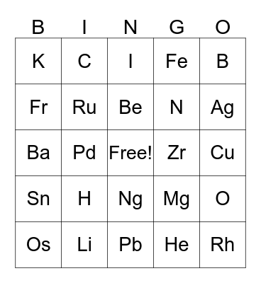 Elements Bingo Card