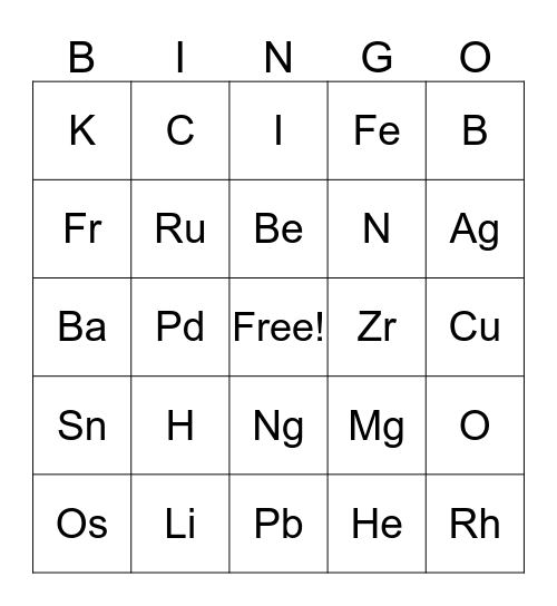 Elements Bingo Card