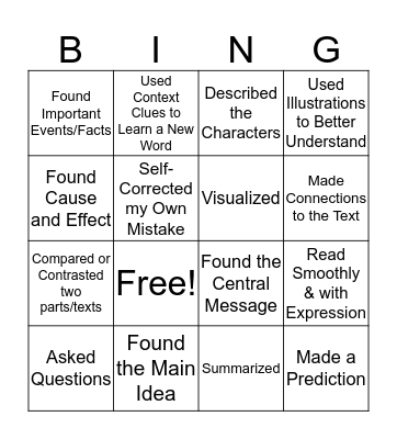 Reading Strategies Bingo Card