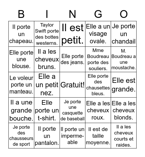 les descriptions Bingo Card