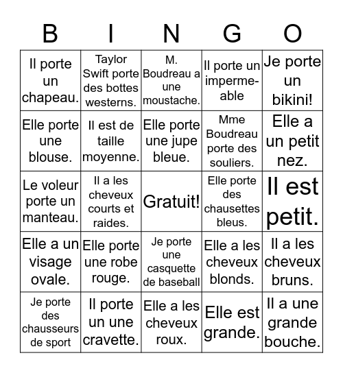 les descriptions Bingo Card