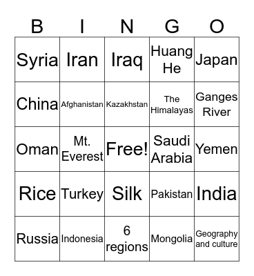 Asia Bingo Card
