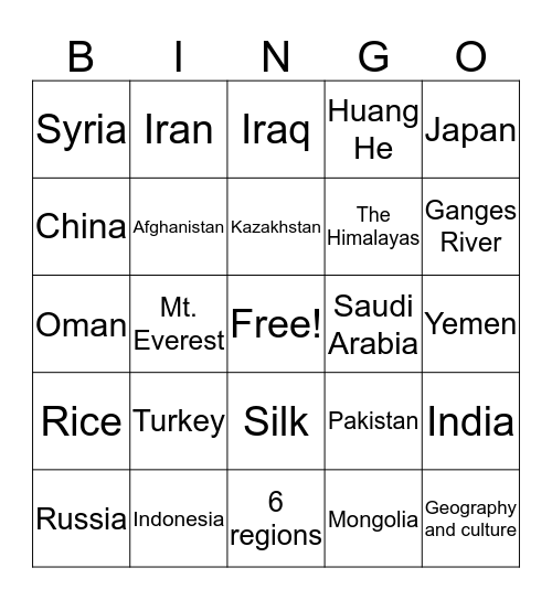 Asia Bingo Card