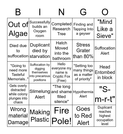 Cryptic Fox: Oxygen not included Bingo Card
