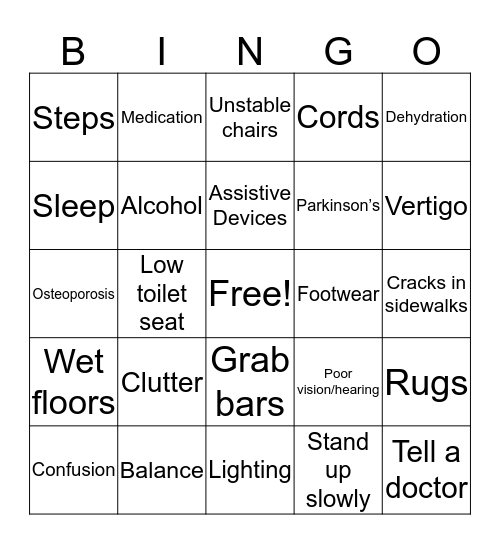 Fall Prevention  Bingo Card