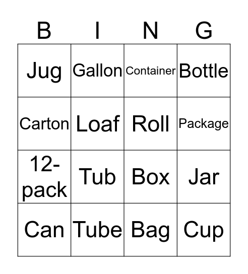 Containers and Packaging Bingo Card