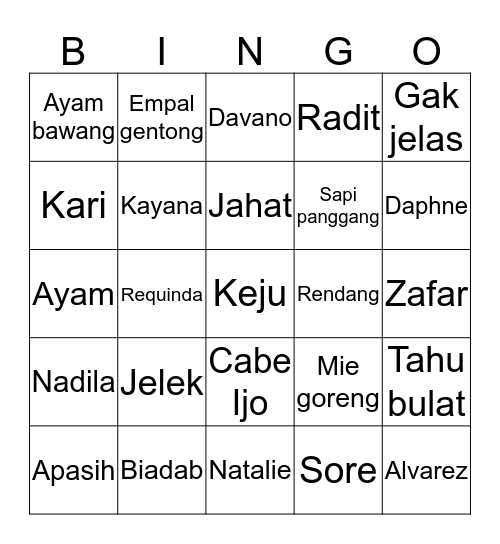 Nata Bingo Card