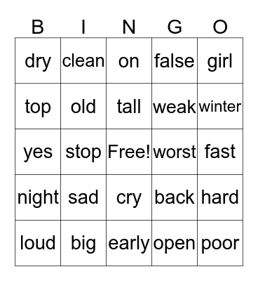 Antonym Bingo Card