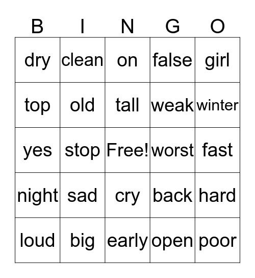 Antonym Bingo Card