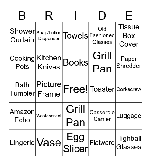 Sara's Bridal Shower Bingo Card