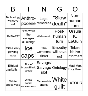 Settler environmentalism bingo Card