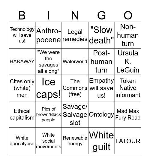 Settler environmentalism bingo Card