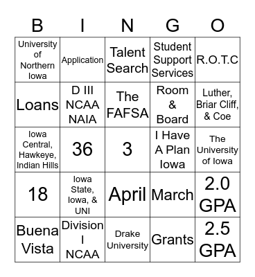 College Bingo Card
