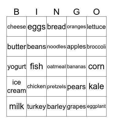 Food Groups Bingo Card