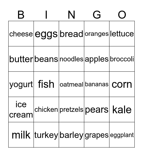 Food Groups Bingo Card