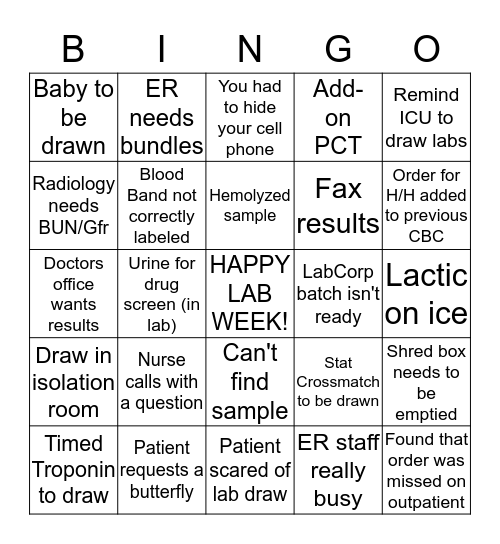 Phlebotomy Bingo Card
