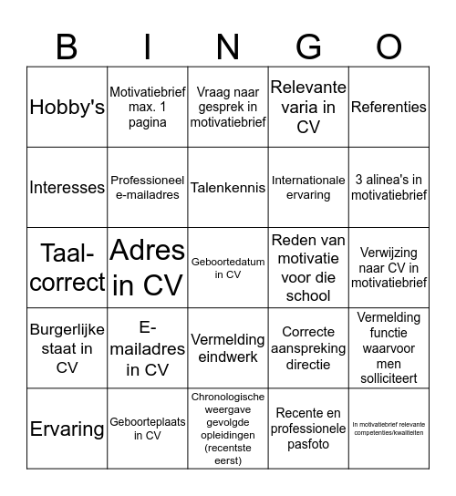 Sollicitatiebingo Card