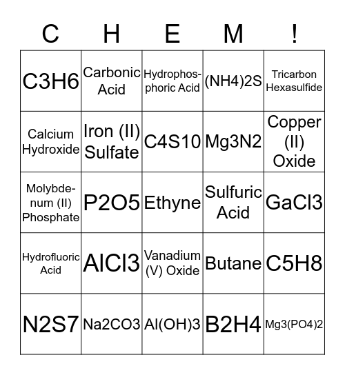 Mixed Naming Bingo Card