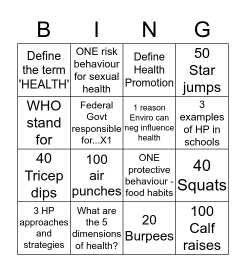 Preliminary PDHPE Bingo Card