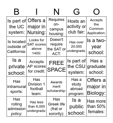 College Fair Bingo Card