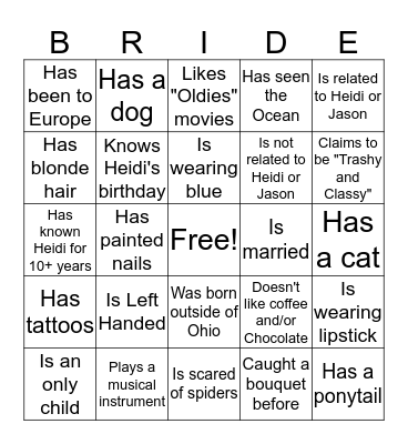 Bridal Bingo Card