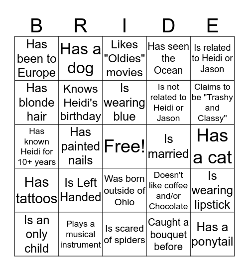 Bridal Bingo Card