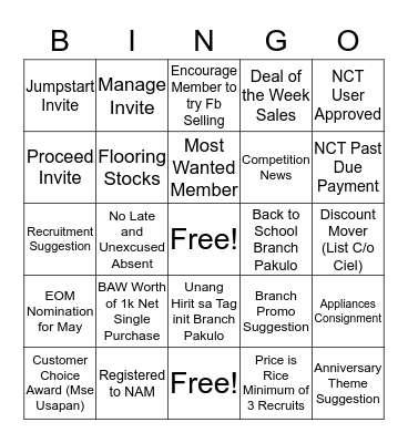 May 2018 Team Contest Bingo Card
