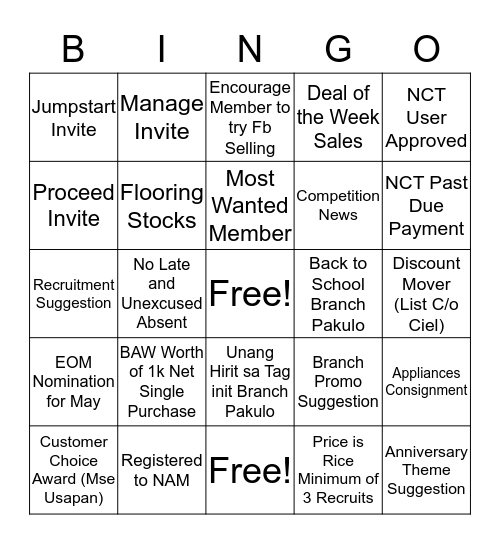 May 2018 Team Contest Bingo Card
