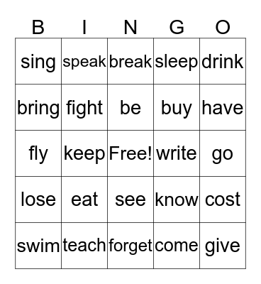Irregular Past Tense Verbs Bingo Card