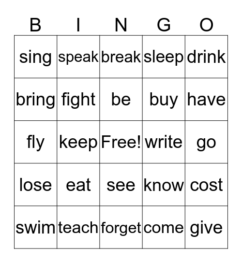 Irregular Past Tense Verbs Bingo Card