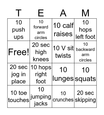 Fitness Bingo Card