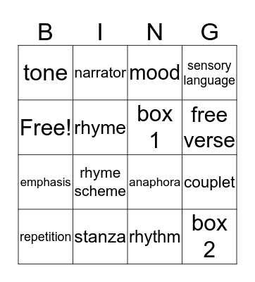 poetry terms Bingo Card