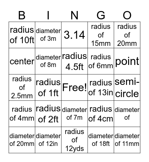 Radius and Diameter (and more)  Bingo Card