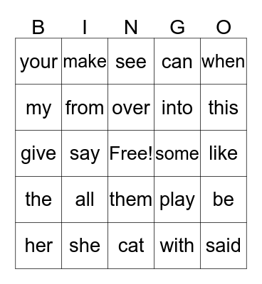 Kindergarten Bingo Card
