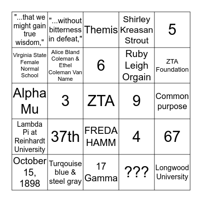 ZTA Bingo Card